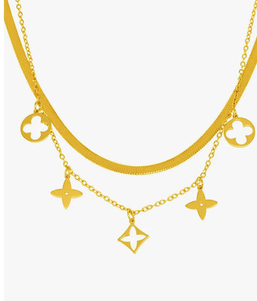 18K Gold Herringbone Snake Chain Layered Necklace Bracelet Bundle Set - Star