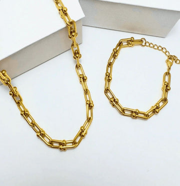18K Gold Link Chain Necklace Bracelet Bundle Set