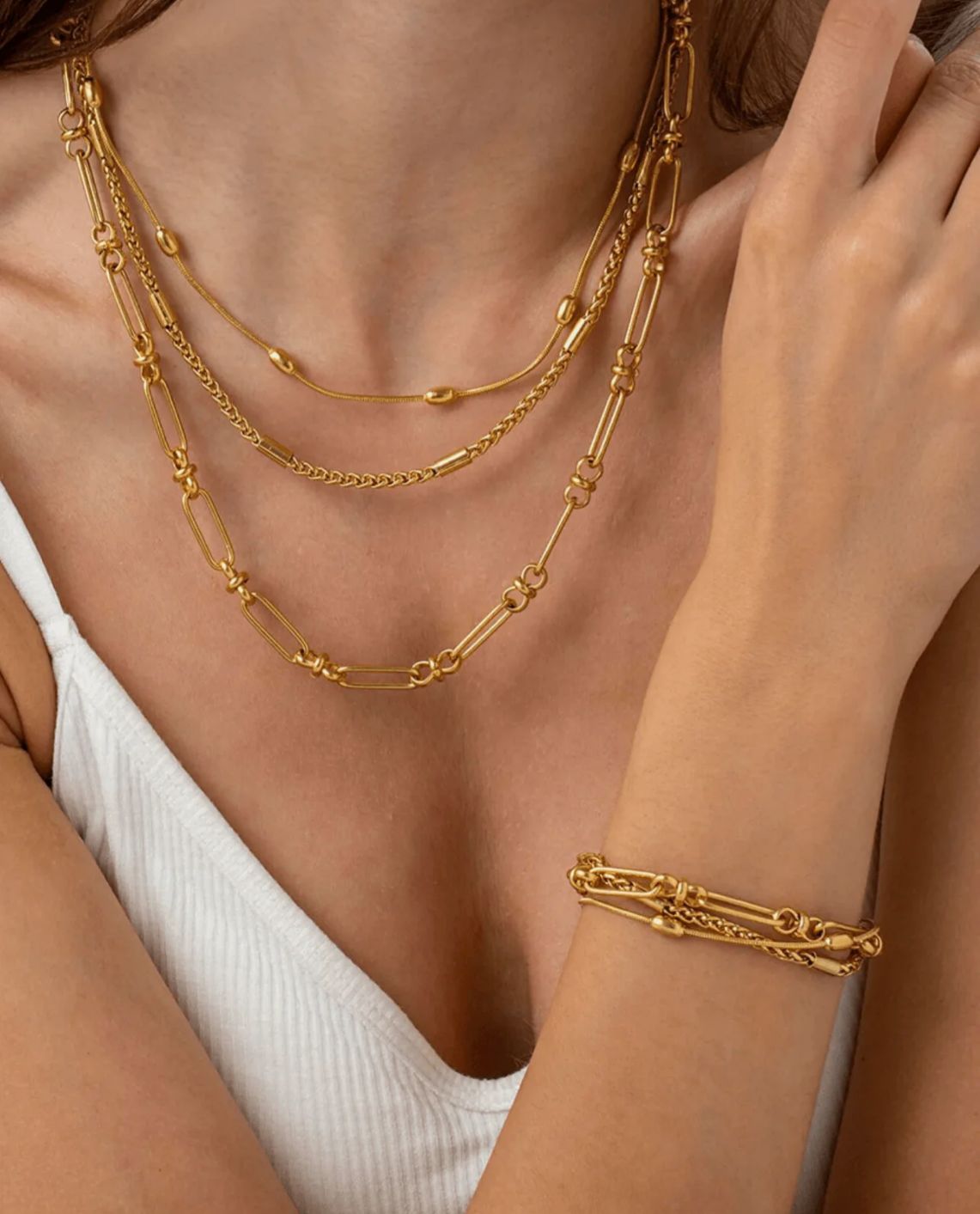 18K Gold Layered Chain Necklace Bracelet Bundle Set