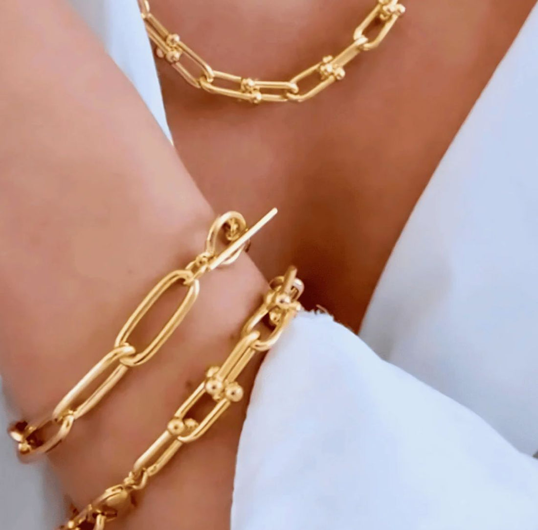 18K Gold Link Chain Necklace Bracelet Bundle Set