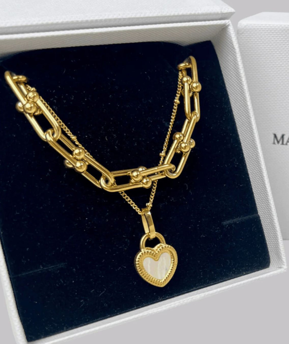 18K Gold Link Chain + Heart Pearl Pendant Necklace Stack Bundle