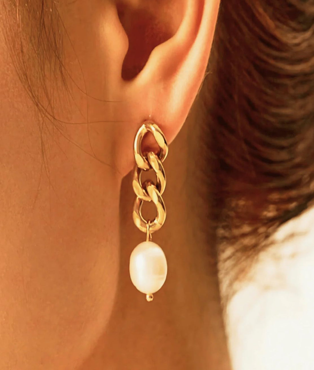 18K Pearl Drop Earrings with Gold Chain - MADISON PEARL DUET™