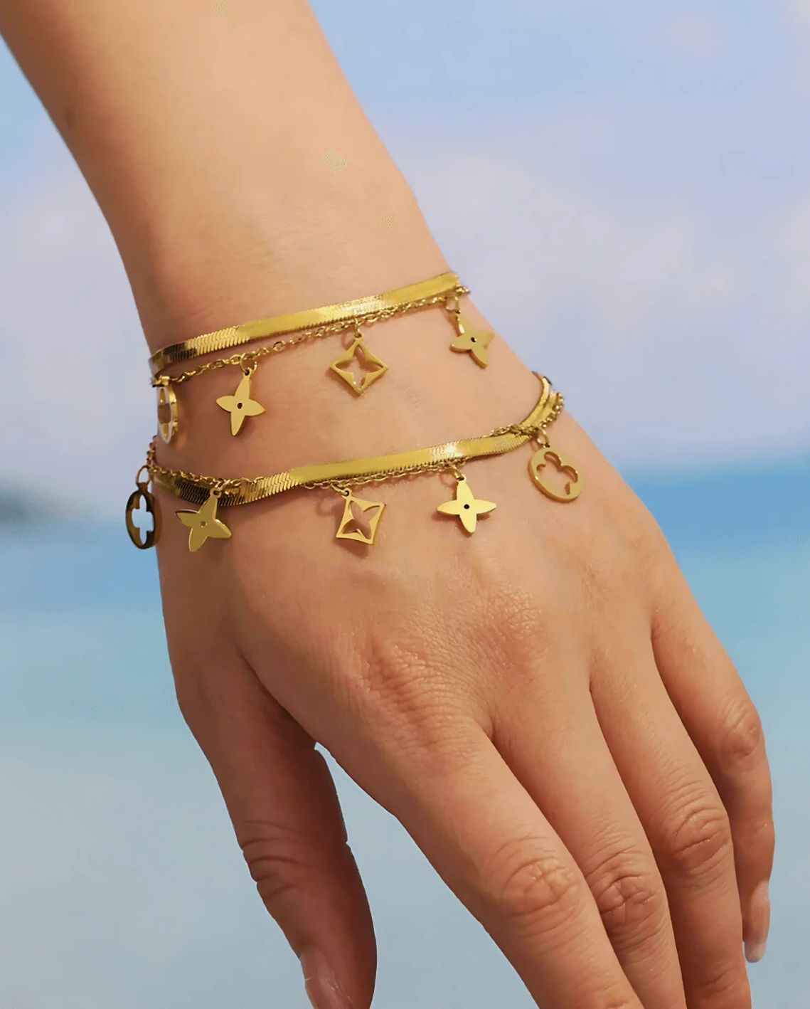 18K Gold Herringbone Snake Chain Layered Necklace Bracelet Bundle Set - Star