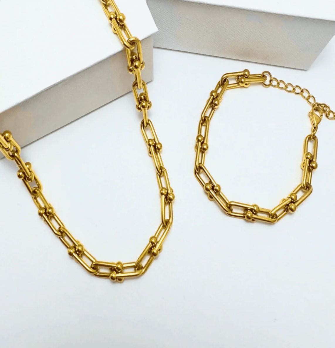 18K Gold Link Chain Necklace Bracelet Bundle Set