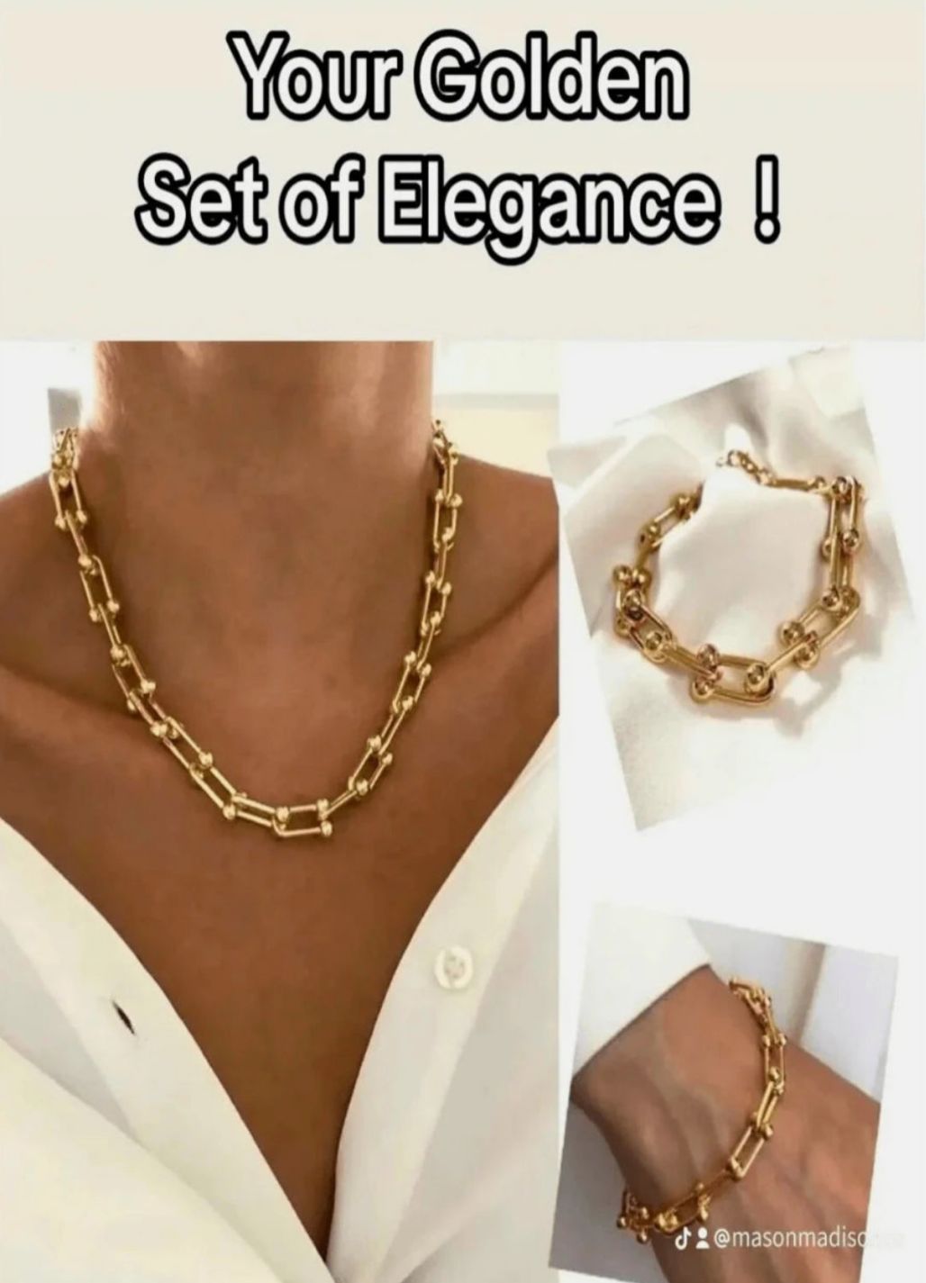 18K Gold Link Chain Necklace Bracelet Bundle Set